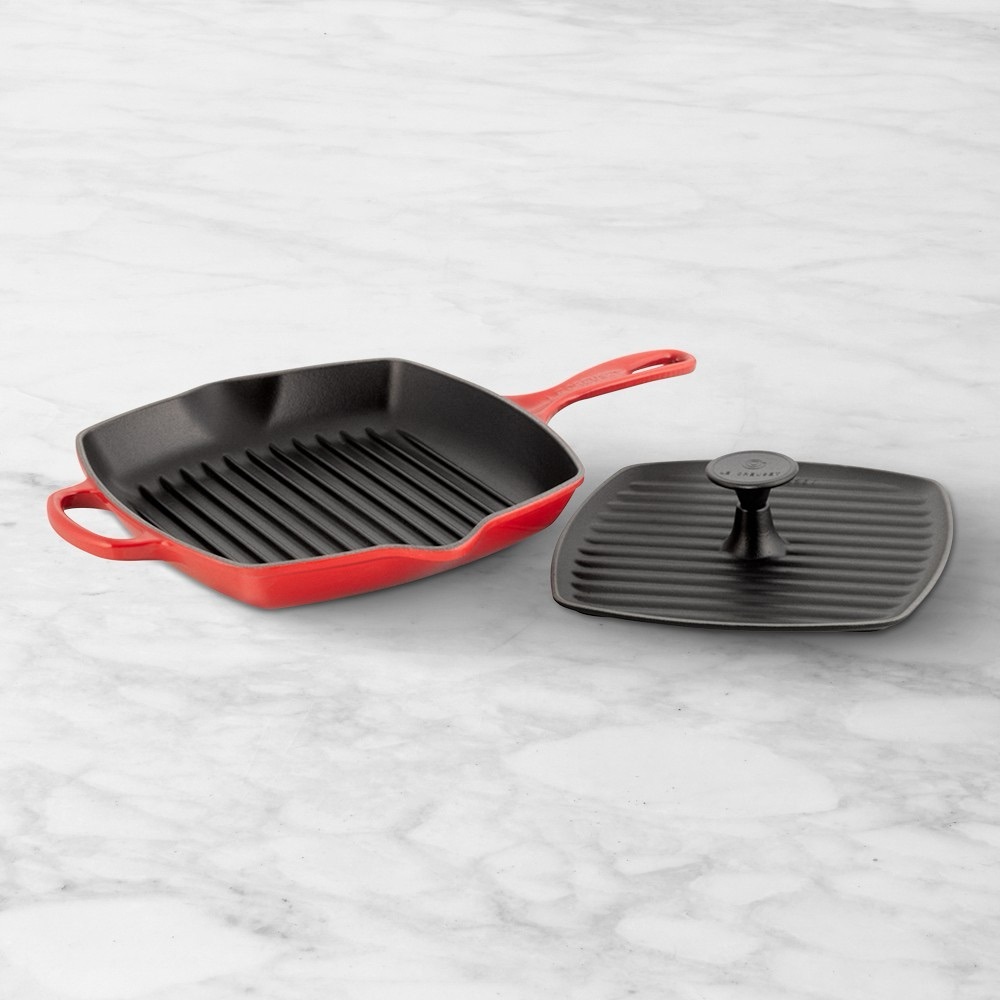 Le Creuset Red Cast Iron Grill Pan with Press